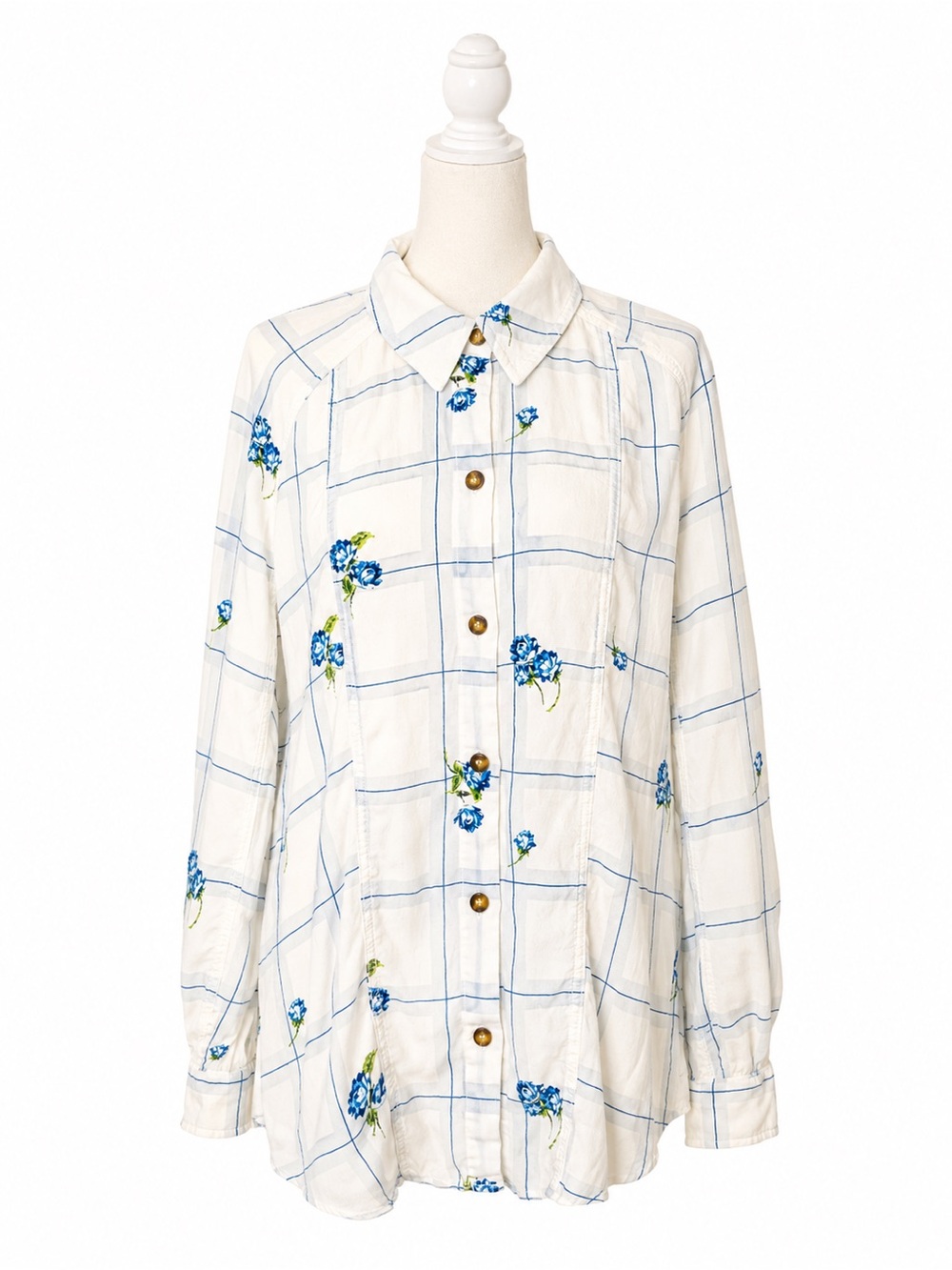 Free People White Blue Floral Windowpane Button Front Blouse Medium Boho Viscose